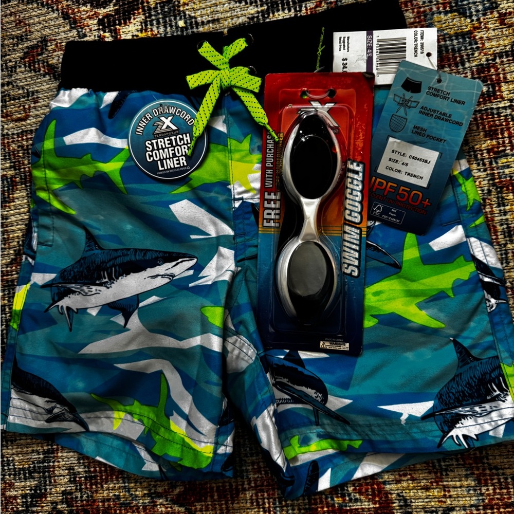 NWT Shark Print Swim Shorts & Googles UV Prot Boys Sz 4 - 5 Zeroposure Quick Dry - Picture 1 of 12